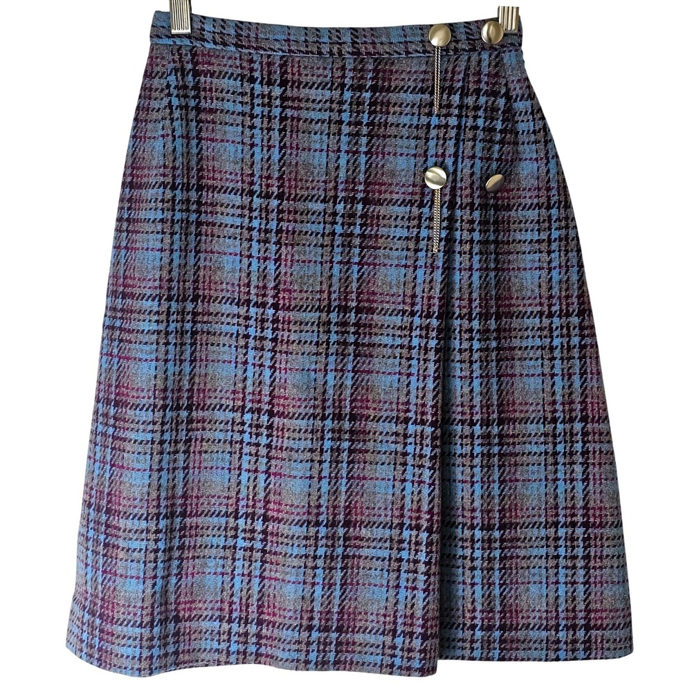 Queen Casuals Retro Blue Plaid A-Line Skirt Chain Tweed‎ 7-8 XS Schoolgirl Punk